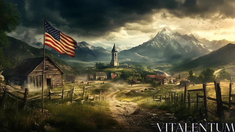 Stormlit frontier valley under watchful flag and distant spire.