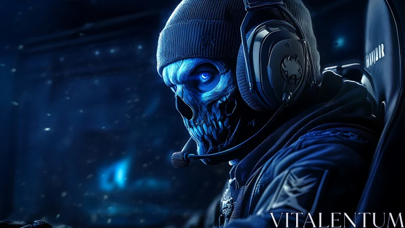 Cyber skull gamer in blue neon tactical headset portrait.
