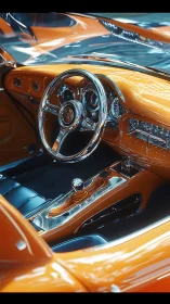 Lustrous orange sports car cockpit glows with chrome detail