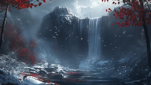 Winter gorge waterfall with red foliage and misty basin.