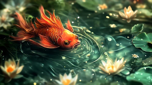Gentle golden koi drifting through a dreamy lily pond.