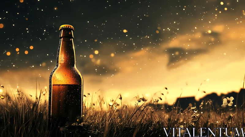 Sunlit beer bottle glowing softly in a golden meadow.