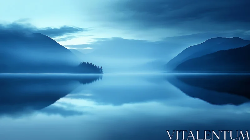 Blue hour mountain lake with mist, mirror-smooth water surface