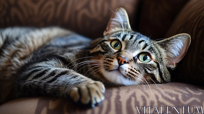 Tabby Cat Lounging on Couch with Upward Gaze