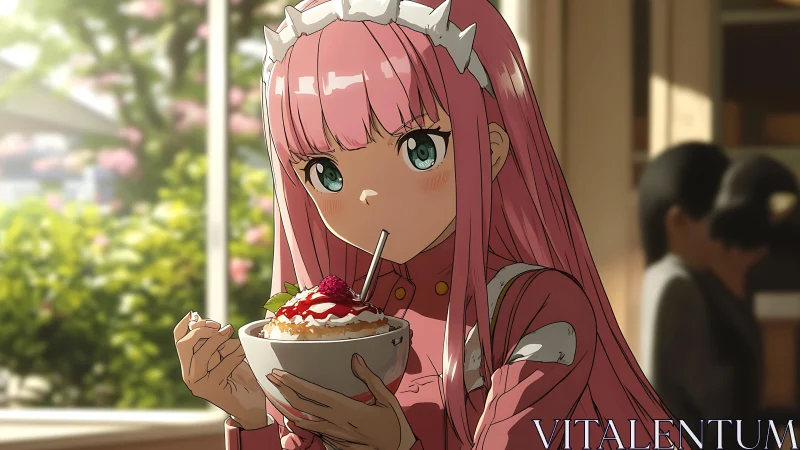 Anime girl in soft daylight eats detailed strawberry dessert with spoon