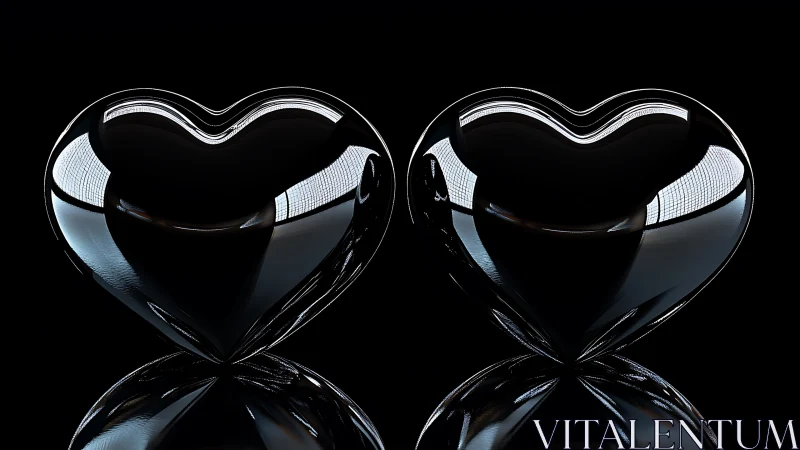 Twin glossy hearts merge in darkness, symbolizing love and connection
