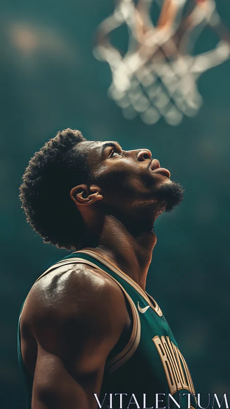 Basketball player gazes toward hoop in dramatic arena light.