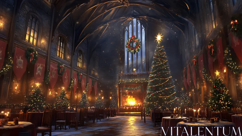 Cathedral-high banquet hall shimmers under enchanted Christmas glow