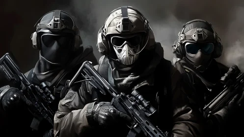 Armored tactical soldiers with rifles in dark environment.