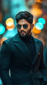 Urban portrait with teal bokeh and tailored monochrome suit.