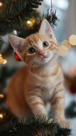 Wide eyed ginger kitten plotting mischief in glowing boughs.