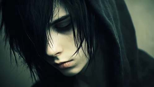 Quiet hooded youth gazes downward in soft, moody light