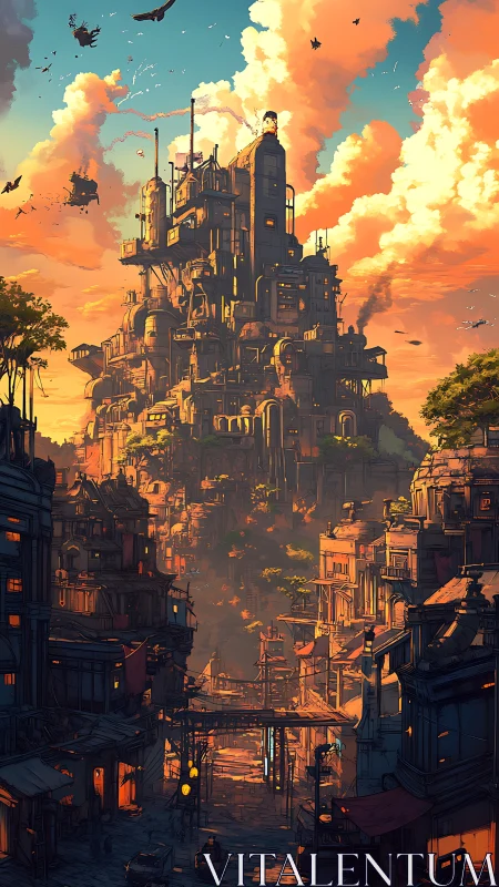 Vertical cyberpunk city tower under blazing sunset sky.