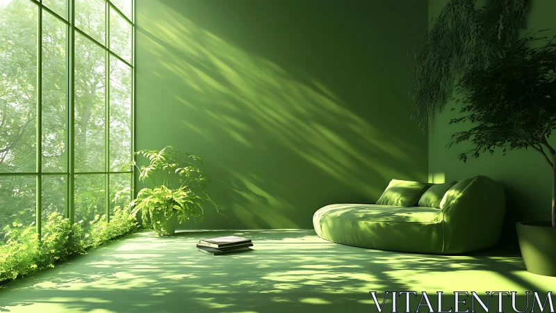 Sunlit green lounge room embraces serene indoor nature