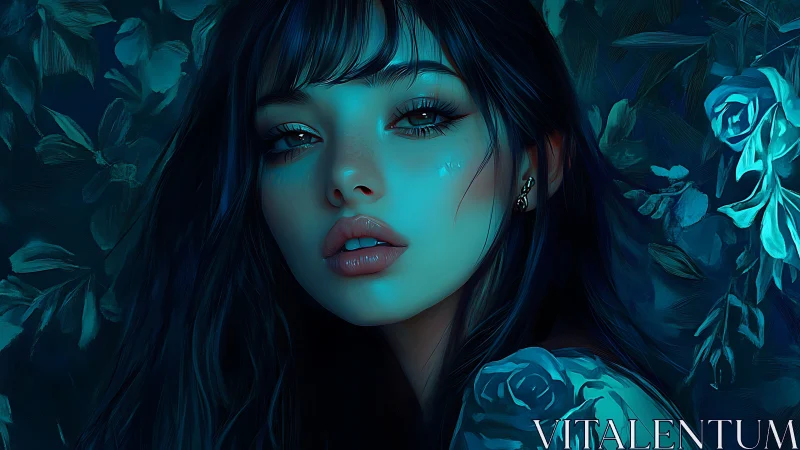 Nocturnal cyan portrait studies luminous skin and floral depth
