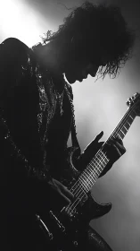 Silhouetted rock guitarist immersed in dramatic stage light.
