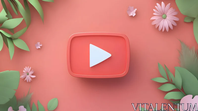 Play Button Icon with Floral Paper Cutout Design on Coral Background.