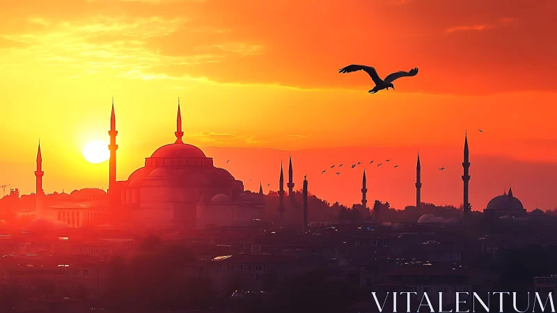 Mosque skyline glows under blazing orange sunset sky.