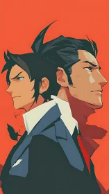 Back-to-back courtroom rivals framed in sharp vermilion calm.