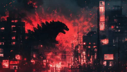 Giant kaiju silhouette dominates burning red cityscape.