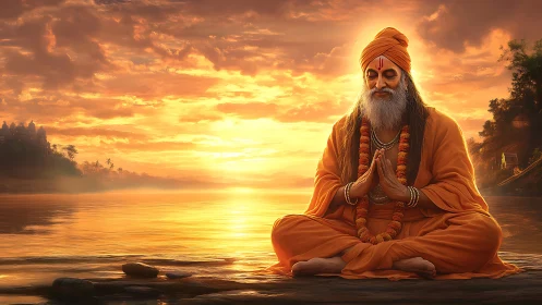 Ascetic monk in saffron robes meditates by radiant riverside sunset