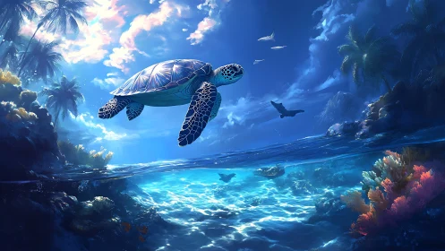 Gentle sea turtle gliding through a sunlit tropical dreamscape.