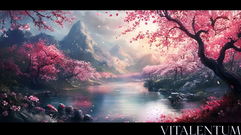 Luminescent sakura valley with reflective alpine river basin.