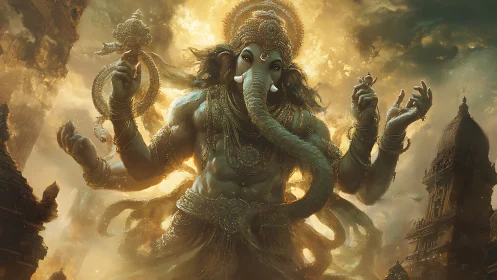 Mythic multi-armed elephant deity in radiant volumetric aureole.