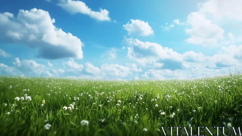 Wide grass field with wildflowers under bright cloudy sky