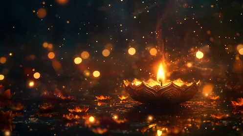 Single floating diya glows over dark water with warm bokeh