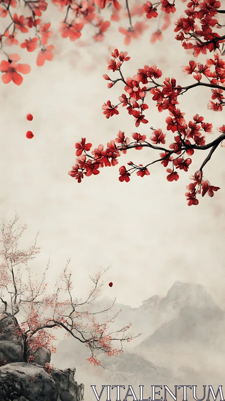 Gentle cherry blossoms drifting over quiet misty mountains.
