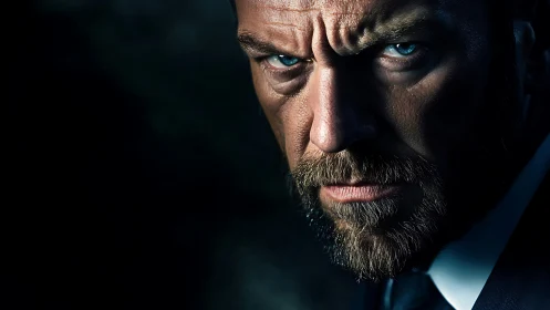 Intense bearded man gazes into the dark with icy resolve