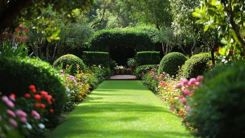 Sunlit garden path leading toward a quiet green hideaway.