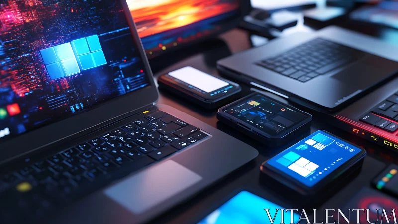 Multiple networked laptops and smartphones are arranged on desk