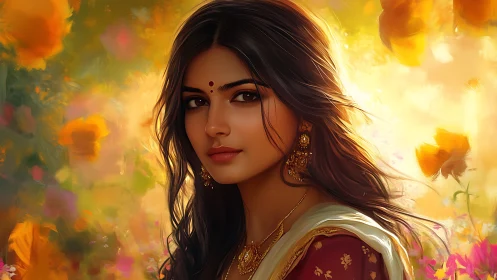 Sunlit portrait of Indian woman amid glowing florals.