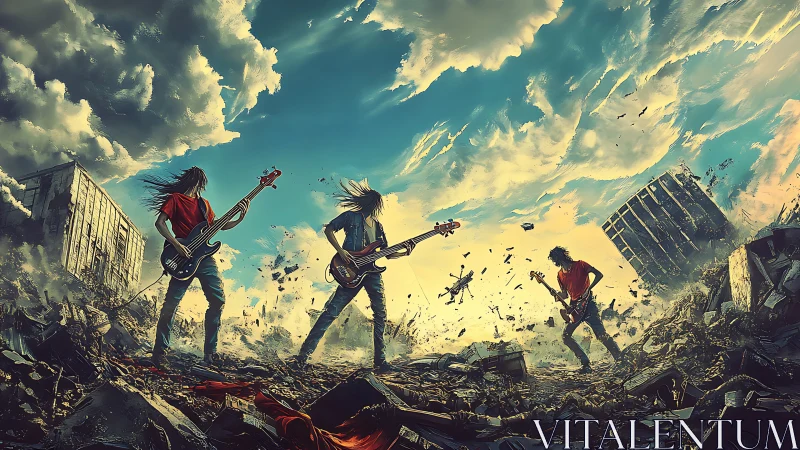 Rock band performs in apocalyptic urban rubble landscape.