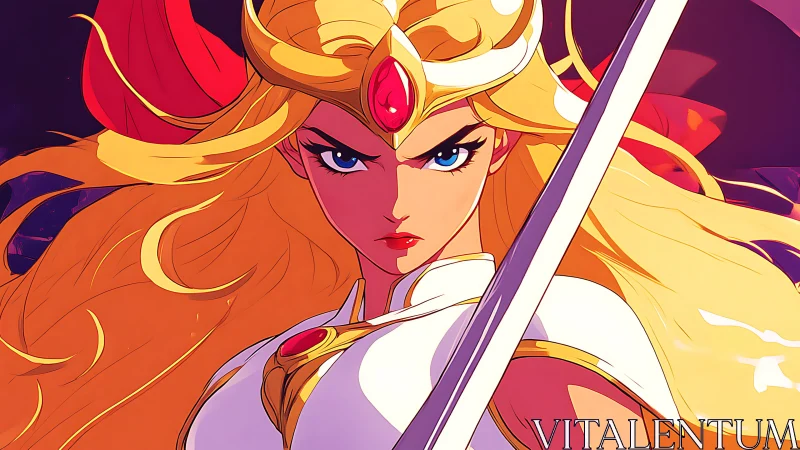 Armored blonde warrior with sword in stylized portrait.