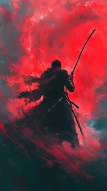 Lone katana warrior emerging through crimson storm clouds.