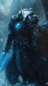 Armored ice warlord strides through a stormlit frozen realm