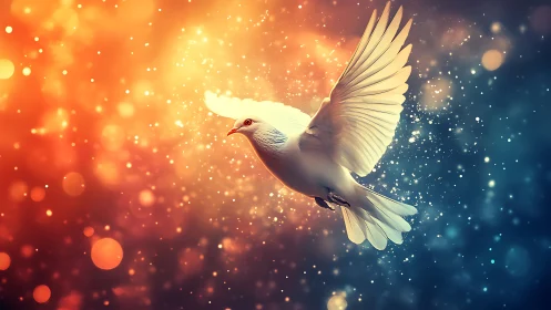 Luminous white dove in bokeh-saturated chromatic atmosphere.