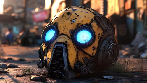 Cel-shaded robotic helmet with glowing cyan optics on ruined street