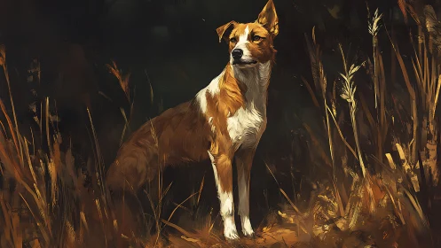 Canine sentinel in autumnal grassland, high-chroma digital rendering.
