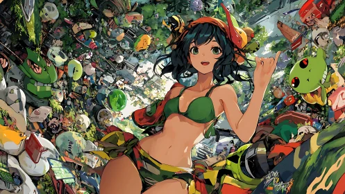Anime girl in green swimwear amid dense floating debris.