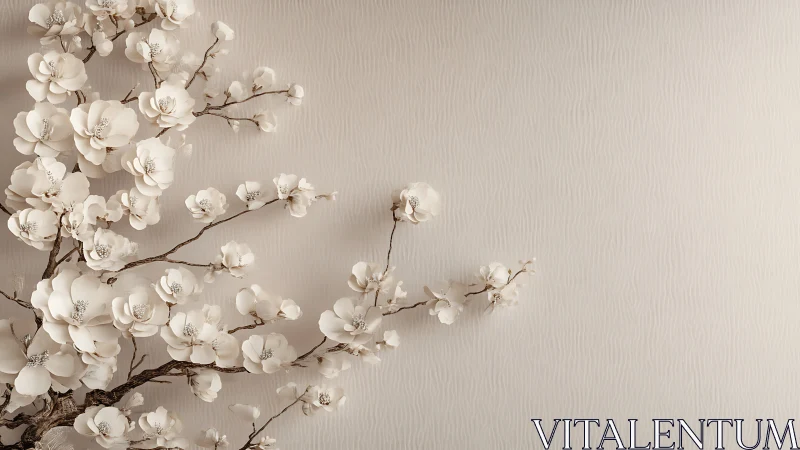 Elegant white cherry blossom branch on minimalist beige wall art.