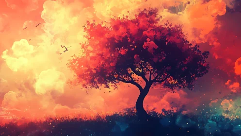 Solitary tree silhouettes against incandescent, painterly sky