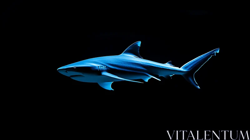 Blue shark glides through dark water in stark isolation.