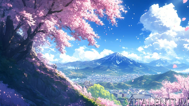 Blossoming cherry hills embrace a tranquil mountain city view