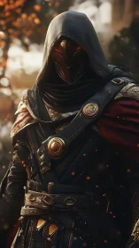 Hooded armored figure stands in detailed fantasy environment