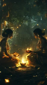 Two seated women with lamps around small fire in forest scene.
