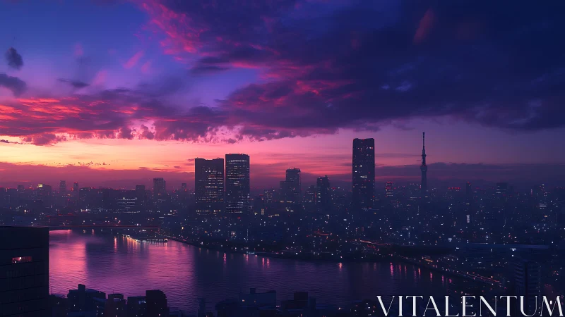 Neon city skyline under dramatic violet sunset clouds.